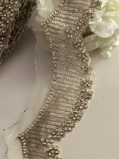 5cm Indian Scalloped Zircon Zari Sequin Embellished Sari Trim  Antique Gold Wedding Band Lace DIY Decoration Sew-On Border by the Yard