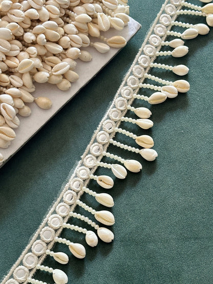 White Pearl & Cowri Shell Decorative Tassel Mirror Tassel Boho Edging Latkan Trim