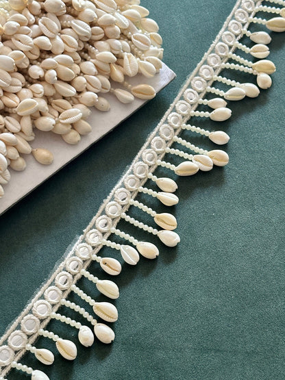 White Pearl & Cowri Shell Decorative Tassel Mirror Tassel Boho Edging Latkan Trim