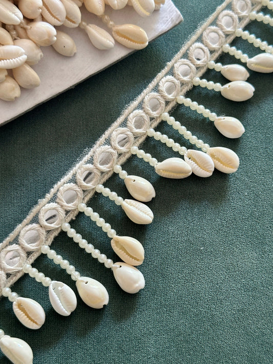 White Pearl & Cowri Shell Decorative Tassel Mirror Tassel Boho Edging Latkan Trim