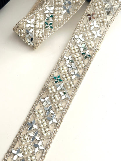 Gold Mirror And Pearl Embellished Indian Sari Border Decorative Saree Ribbon