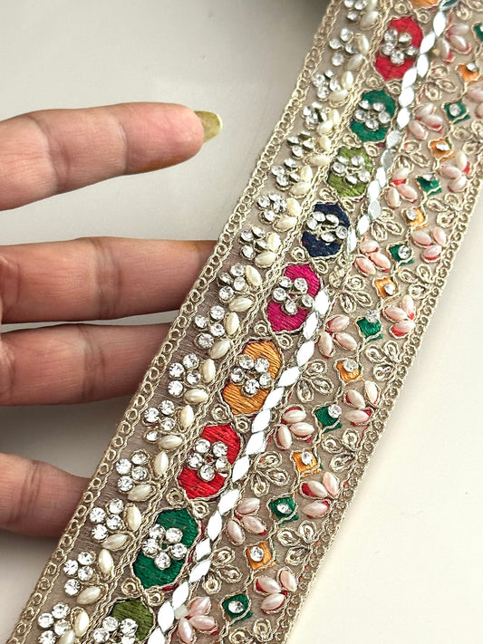 Pearl Embellished Colourful Indian Embroidery ribbon 5.5cm Premium Lace trim