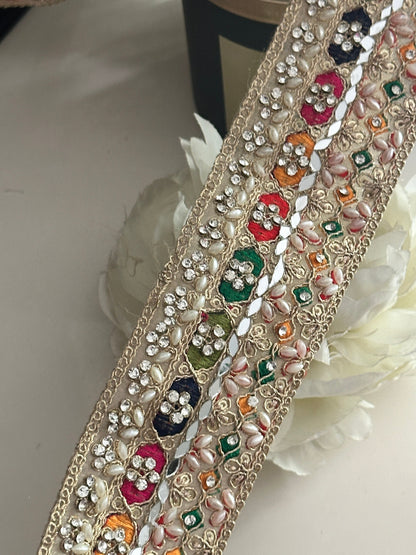 Pearl Embellished Colourful Indian Embroidery ribbon 5.5cm Premium Lace trim