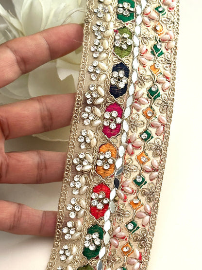 Pearl Embellished Colourful Indian Embroidery ribbon 5.5cm Premium Lace trim