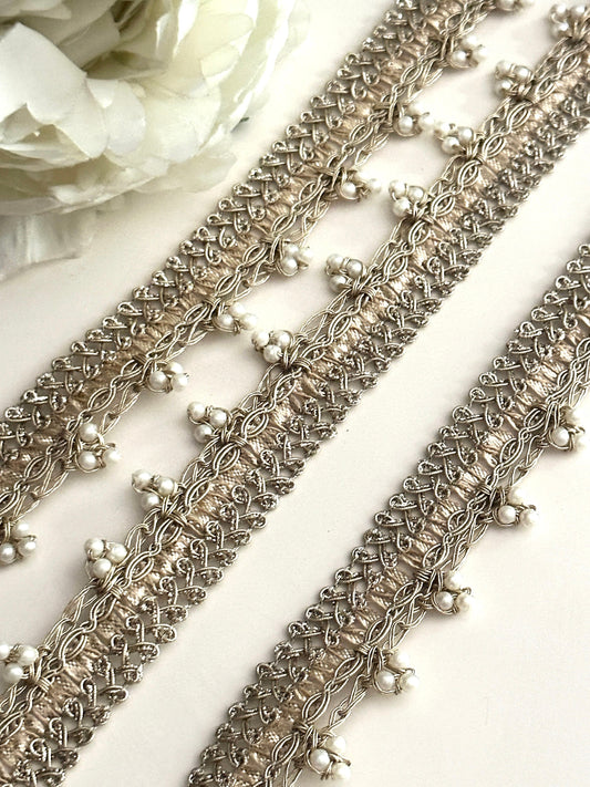 Pearl Bead Indian Metallic Thread Lace Indian Embroidered Sari Border Edging Lace