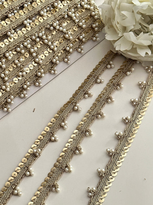 Pearl Beaded Lace Metallic Sequin Trim Pearl Lace Border Bridal Costume Trim Tassel Pearl Edging Lace