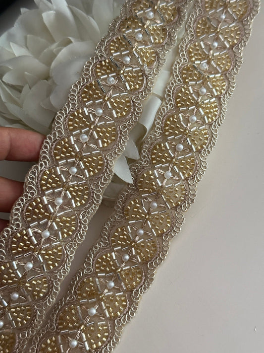 Pale Gold Glass Bead Pearl Embellished Bridal Lace 4cm Indian Embroidered Band