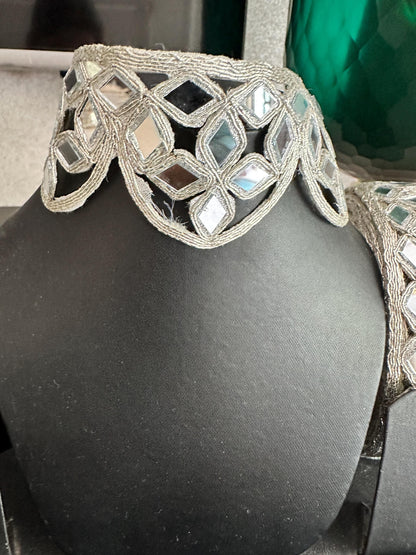 Silver Scalloped Border Indian Mirror Work Collar Choker Band Mirror Belt