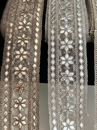 Hand-Embroidered Gota Border Sheer Trim 5cm with Silver Zari Indian Traditional Border