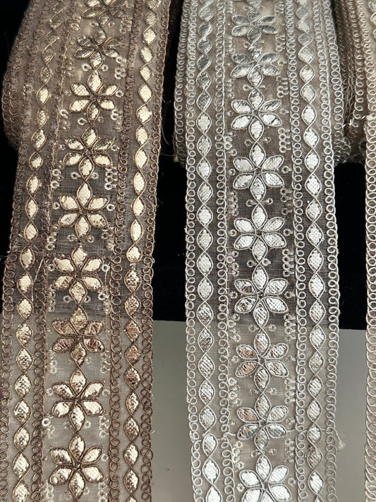 Hand-Embroidered Gota Border Sheer Trim 5cm with Silver Zari Indian Traditional Border