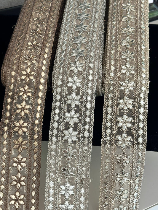 Hand-Embroidered Gota Border Sheer Trim 5cm with Silver Zari Indian Traditional Border