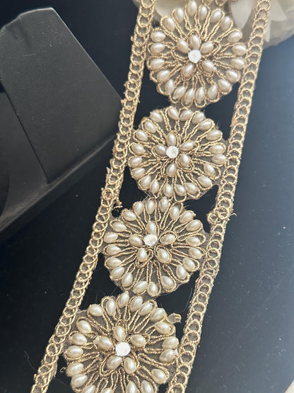 Round Gold Wedding lace Pearl and Zircon embroidery bridal waist band