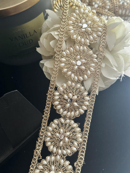 Round Gold Wedding lace Pearl and Zircon embroidery bridal waist band