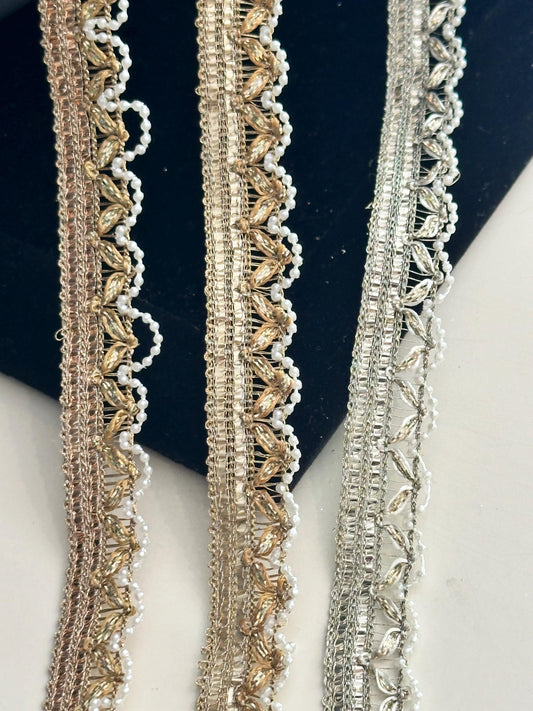 By Yard Pearl Scallop Beaded Trim Indian Embroidery Crafting Lace Sew-On Trim