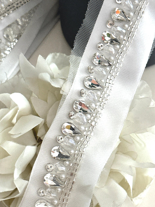 Rhinestone Crystal Tulle Bridal Veil Trim Luxury Edging Lace Teardrop Rhinestone  Western Costume Lace