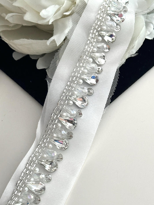 Rhinestone Crystal Tulle Bridal Veil Trim Luxury Edging Lace Teardrop Rhinestone  Western Costume Lace