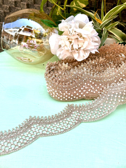 Rose gold pearl and zircon indian embroidery scalloped sari trim dupatta border