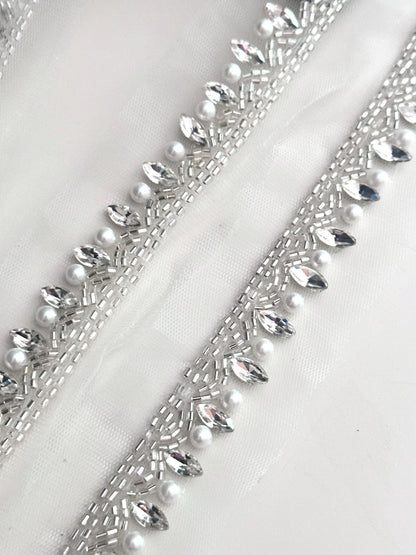 Metallic Silver Crystal Rhinestone Beaded Lace Applique Handmade Bridal Rhinestone Lace