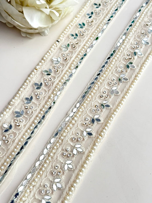 Shiny Ivory Mirror Lace Trim Zircon Catholic wedding Embroidery Band Veil Trim