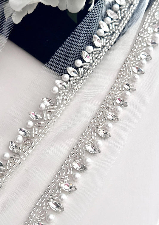 Metallic Silver Crystal Rhinestone Beaded Lace Applique Handmade Bridal Rhinestone Lace