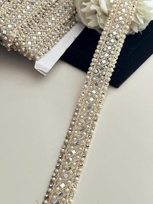 Golden Real Mirror Trim 3cm with Pearls Glamourous Dress Embellishment Lace