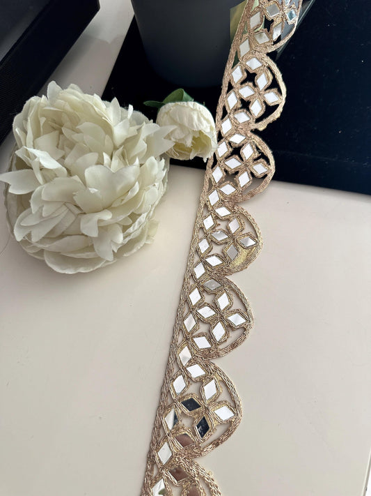 Rose Gold Scalloped Border Indian Mirror Work Collar Choker Band Mirror Belt
