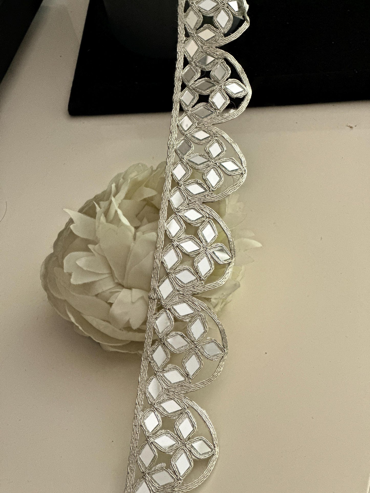Silver Scalloped Border Indian Mirror Work Collar Choker Band Mirror Belt