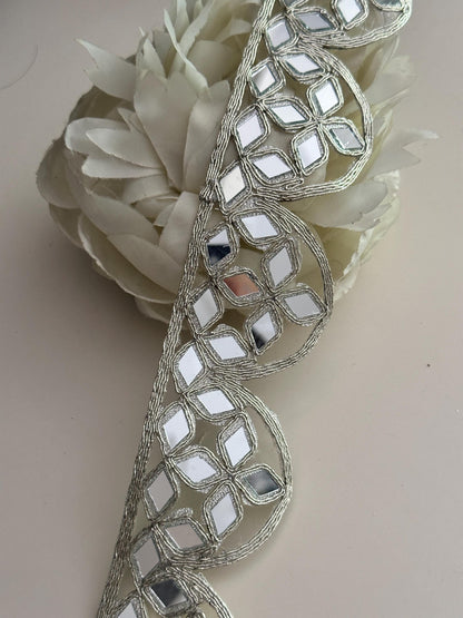 Silver Scalloped Border Indian Mirror Work Collar Choker Band Mirror Belt