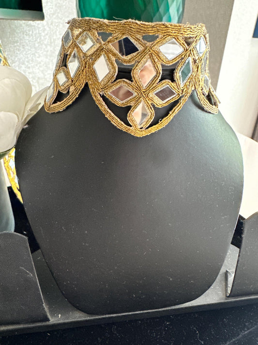 Antique Gold Scalloped Border Indian Mirror Work Collar Choker Band Mirror Belt