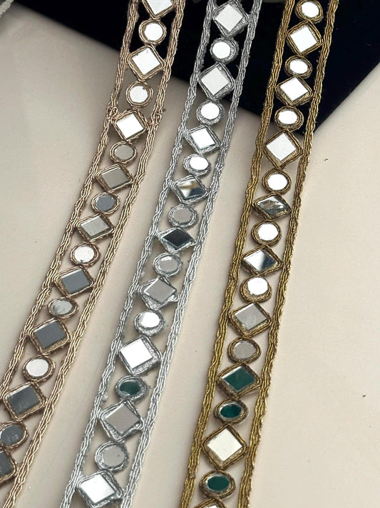 Indian Gold Mirror Trim Lace Indian Embroidered Geometric Design for DIY