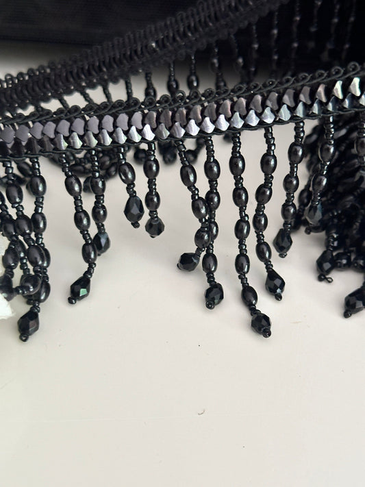 Black Glass Bead Tassel Lace Trim 7cm Decorative Tassel Trim Perfect