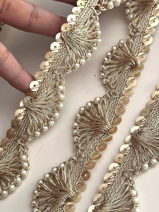 Scalloped Pearl Sequin Indian Embroidery Sari Border Scalloped Edging Trim 2cm Crafting Ribbon For Wedding Dress Vintage Dress Decor by Yard