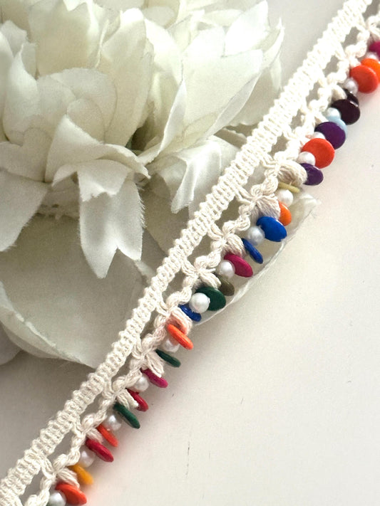 Colorful Indian Pearl Stone Bead Tassel Trim with Crochet Lace Edging for Kaftan Dress Home Decor