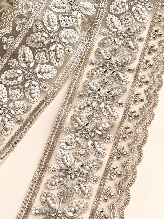 Flower Pattern Pearl Embroidered Lace Zircon Wedding Veil Lace Ivory Gown Trim