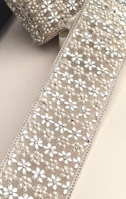 Pearl Mirror Embellished zircon lace trim Gold Flower Pattern Sari Ribbon