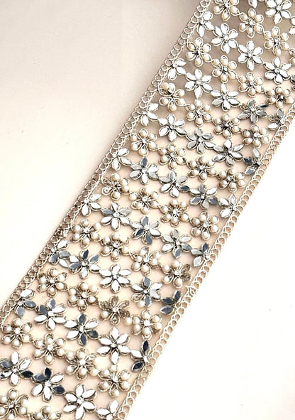 Pearl Mirror Embellished zircon lace trim Gold Flower Pattern Sari Ribbon