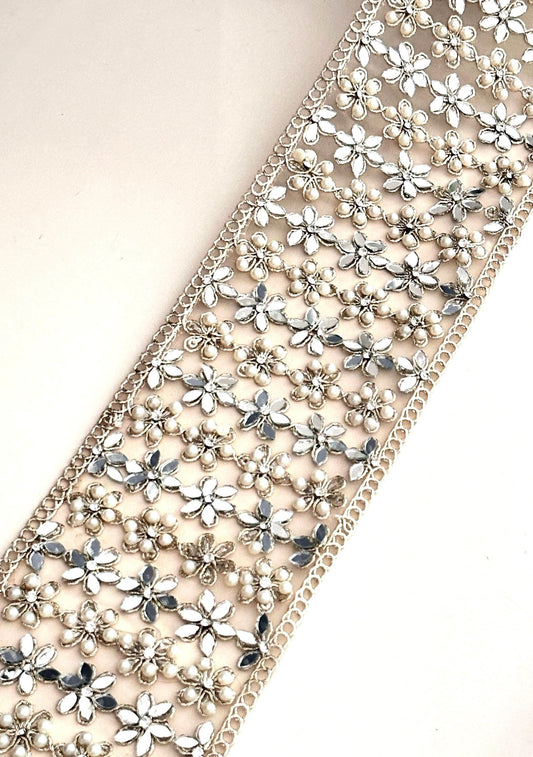 Pearl Mirror Embellished zircon lace trim Gold Flower Pattern Sari Ribbon