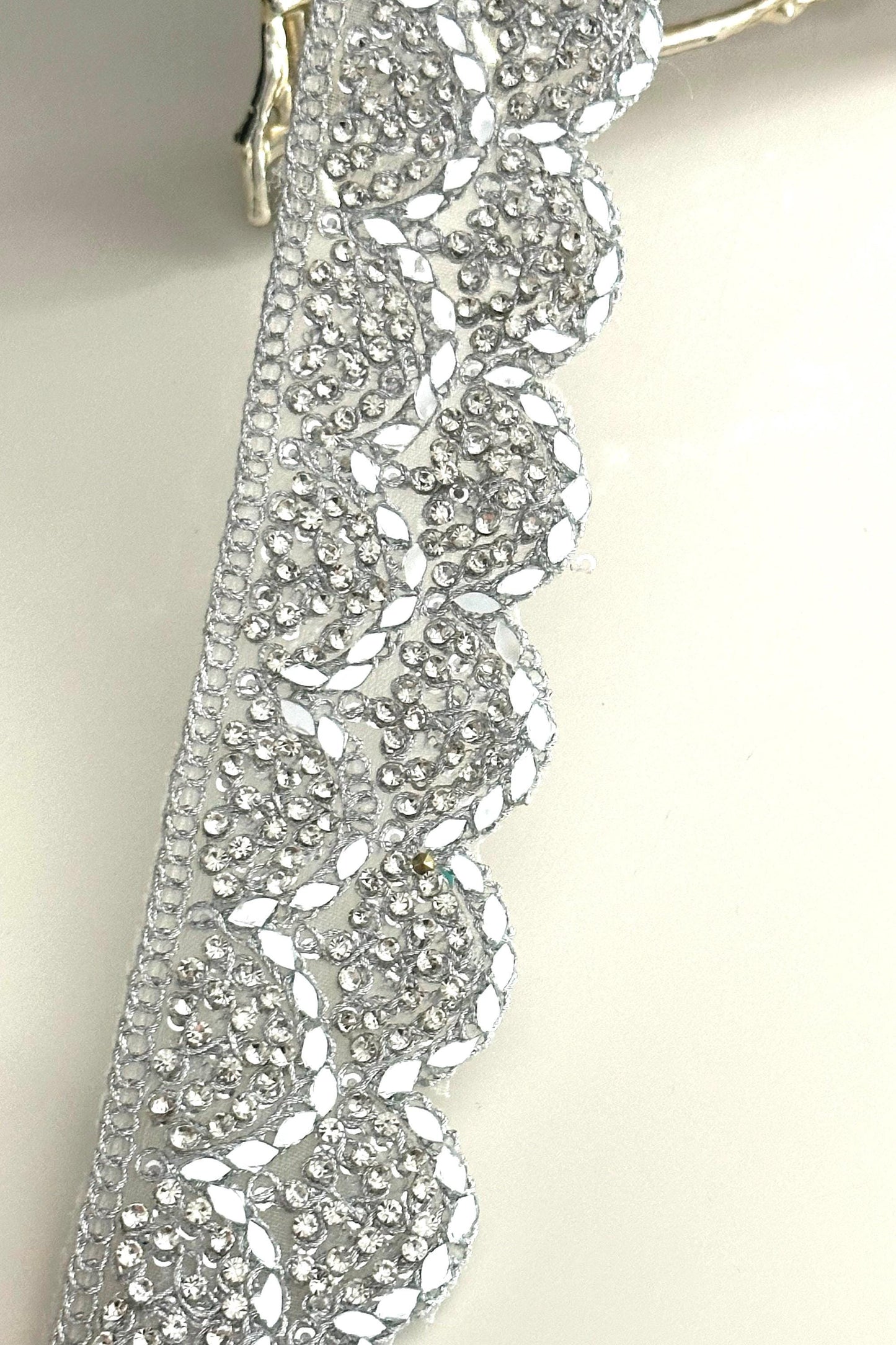Zircon and Mirror Indian Trim Embellished Metallic Silver Sari trim
