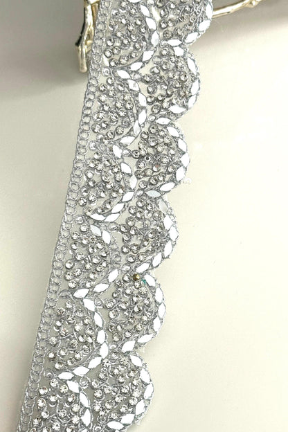 Zircon and Mirror Indian Trim Embellished Metallic Silver Sari trim