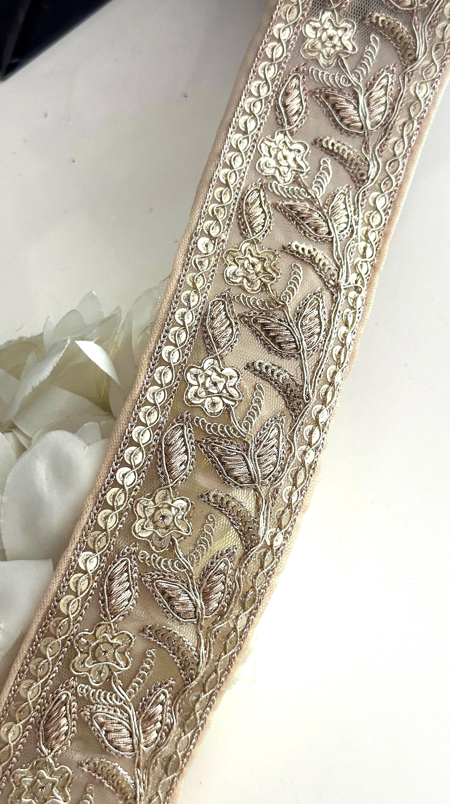 Light Gold Flower Zari Embroidery & Sequin Cutwork Traditional Indian Trim