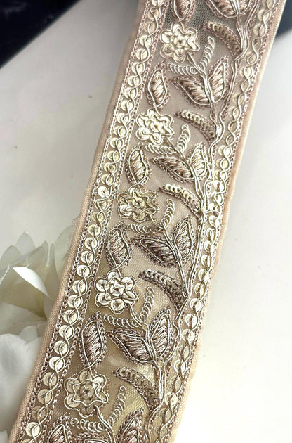 Light Gold Flower Zari Embroidery & Sequin Cutwork Traditional Indian Trim