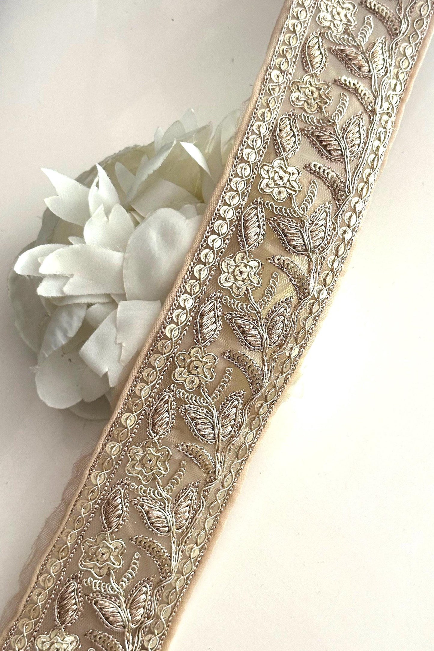Light Gold Flower Zari Embroidery & Sequin Cutwork Traditional Indian Trim