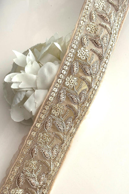Light Gold Flower Zari Embroidery & Sequin Cutwork Traditional Indian Trim