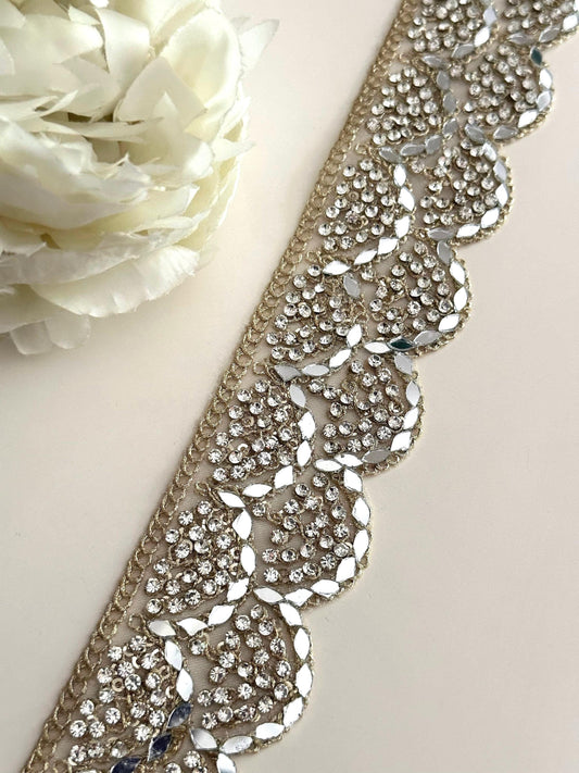 5cm Zircon and Mirror Embellished Metallic Silver saree trim Indian Dupatta Lace