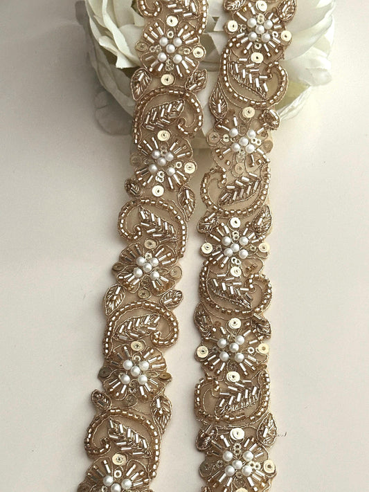 Gold Glass Bead Pearl 3cm Embellished Bridal Lace Crafting Cushion Trim