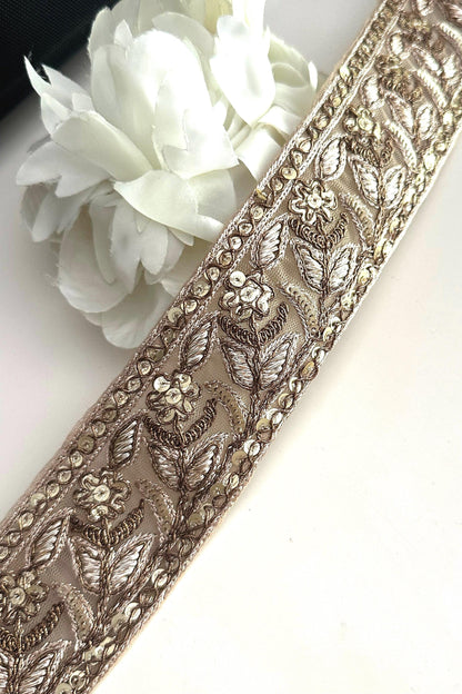 Antique Gold Flower Zari Embroidery & Sequin Embossed Trim Traditional Indian Ribbon