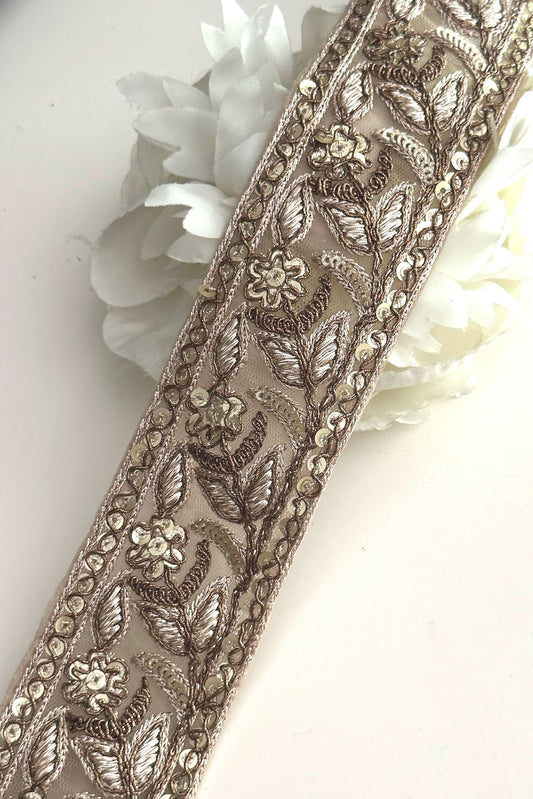 Antique Gold Flower Zari Embroidery & Sequin Embossed Trim Traditional Indian Ribbon