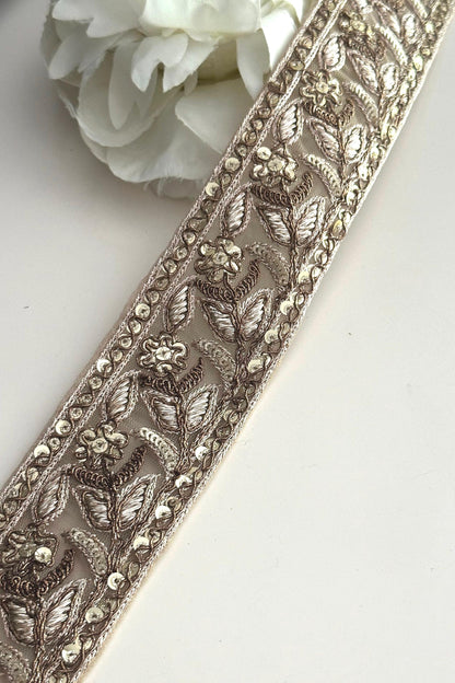 Antique Gold Flower Zari Embroidery & Sequin Embossed Trim Traditional Indian Ribbon