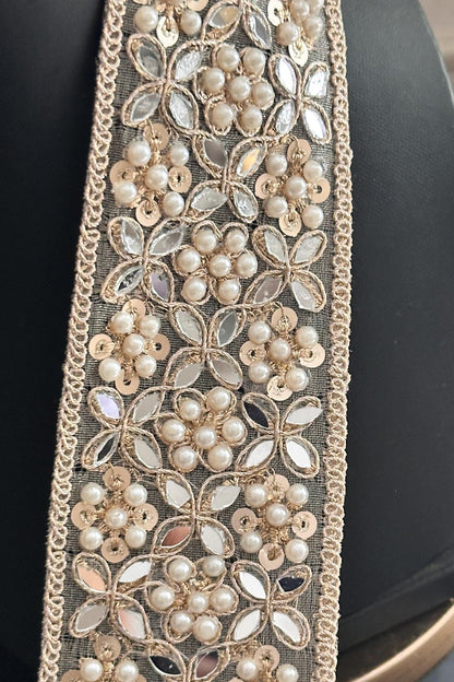 Broad Elegant White Pearl pale Zircon Gold Zari Work Lace Trim Stonework