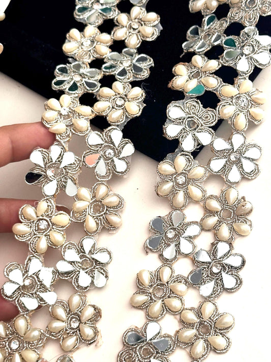 Mirror Flower Indian Embroidered Choker Border Pearl & Mirror Trim 4cm